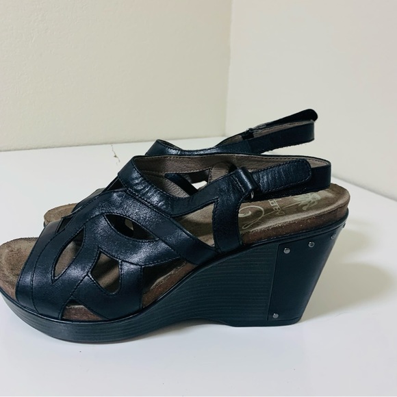 Dansko Felicia Black Leather Open Toe Strappy Hook Loop Studded Wedge - Picture 2 of 9